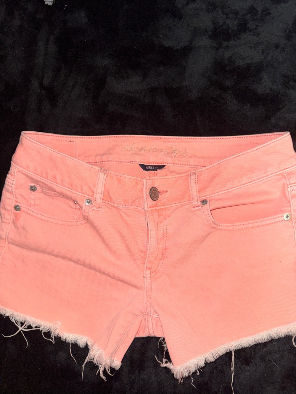 Neon Coral Pink Frayed Hem Women's Denim Shorts - Picture 3 of 6
